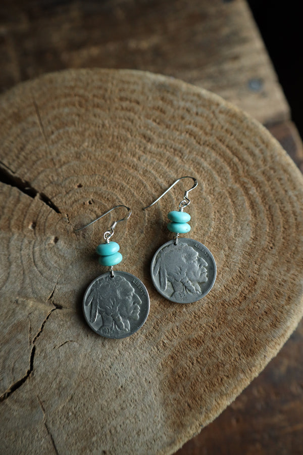 Peyote Bird Indian Head Nickel 2 Turquoise Beads Earring 