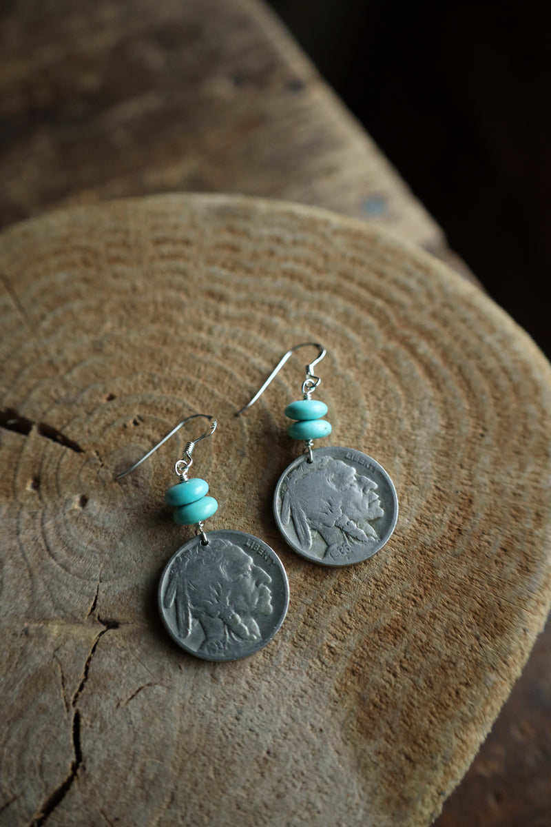 Peyote Bird Indian Head Nickel 2 Turquoise Beads Earring 