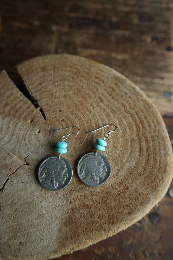 Peyote Bird Indian Head Nickel 2 Turquoise Beads Earring 