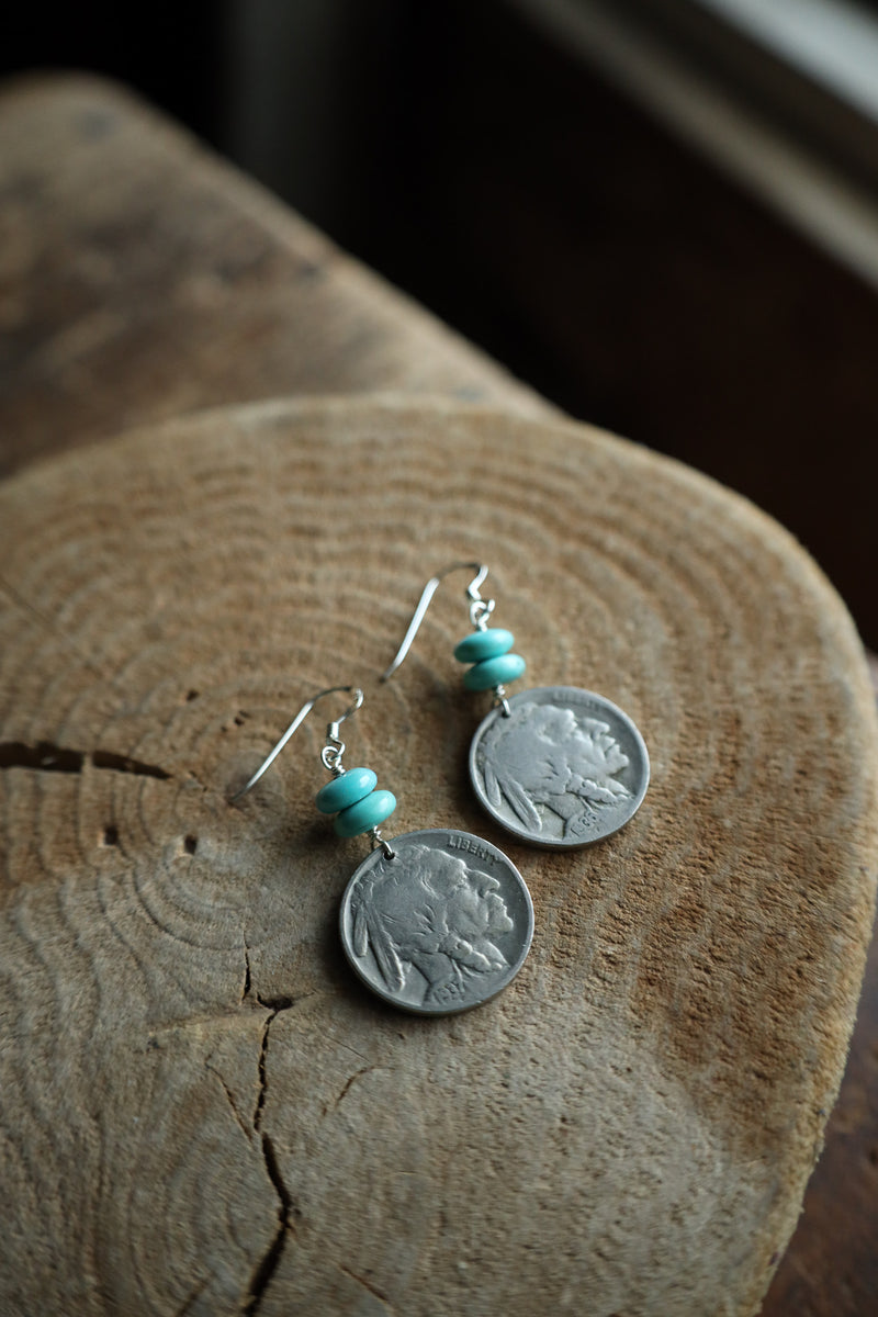 Peyote Bird Indian Head Nickel 2 Turquoise Beads Earring 
