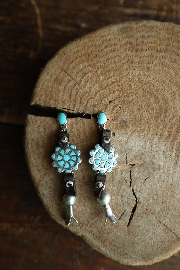 Peyote Bird Turquoise Inlay Flower Leather Blossom Earring 