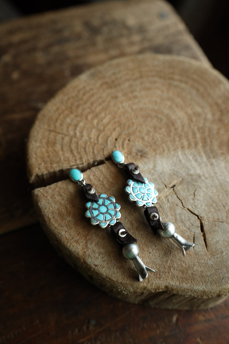Peyote Bird Turquoise Inlay Flower Leather Blossom Earring 