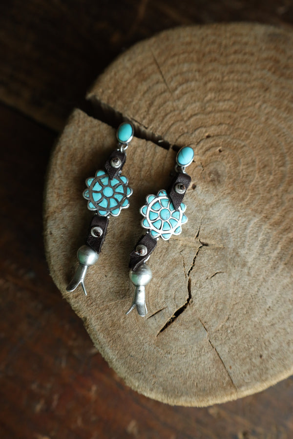 Peyote Bird Turquoise Inlay Flower Leather Blossom Earring 