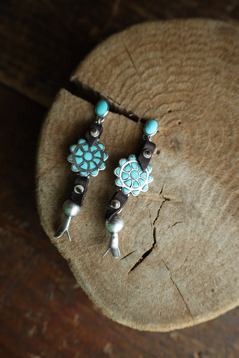 Peyote Bird Turquoise Inlay Flower Leather Blossom Earring 