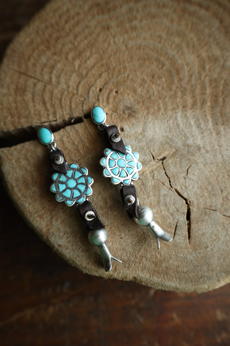 Peyote Bird Turquoise Inlay Flower Leather Blossom Earring 