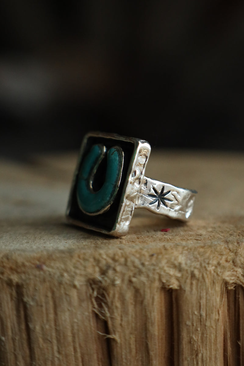 Peyote Bird Turquoise Horseshoe Signet Ring- Size 6
