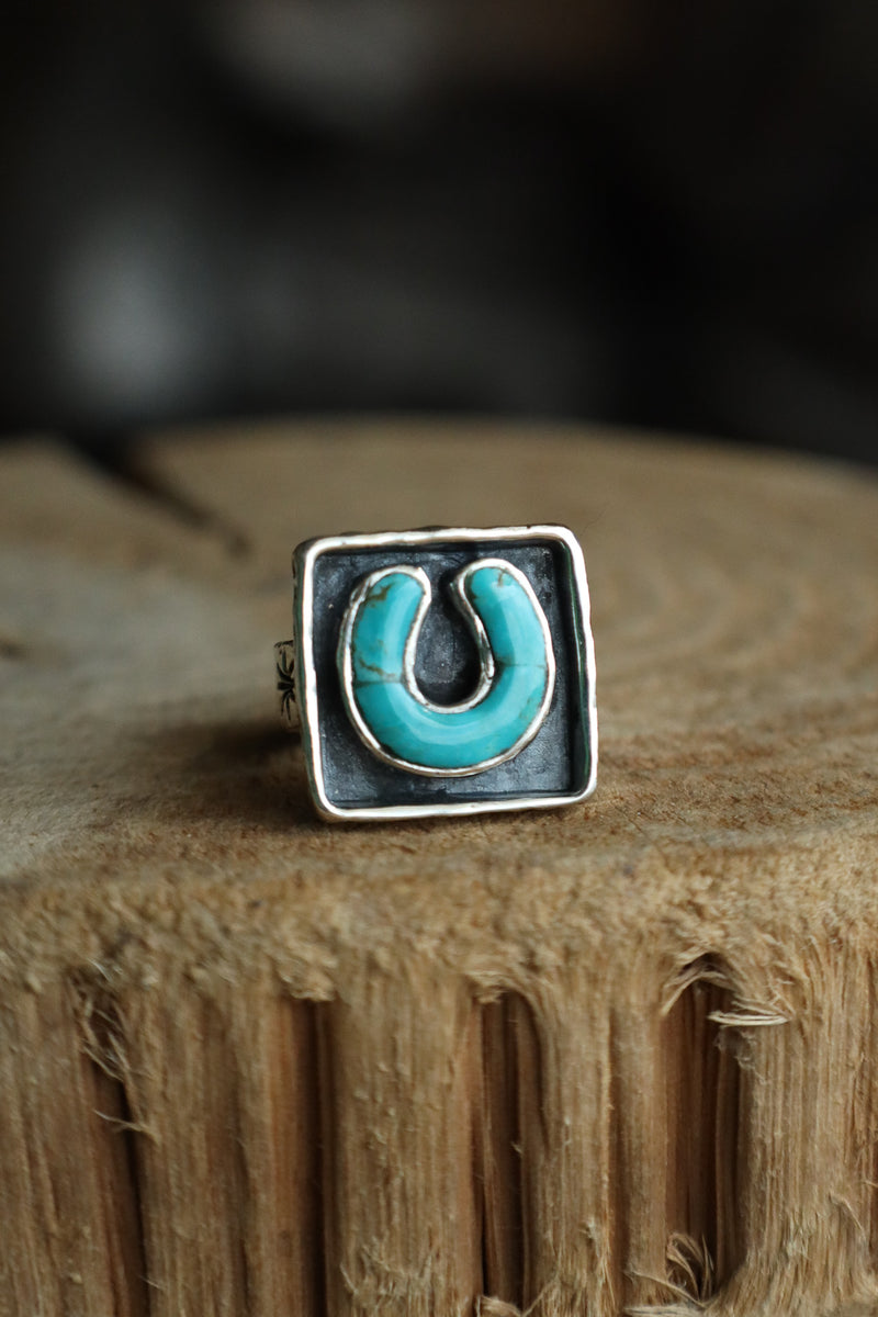 Peyote Bird Turquoise Horseshoe Signet Ring- Size 6