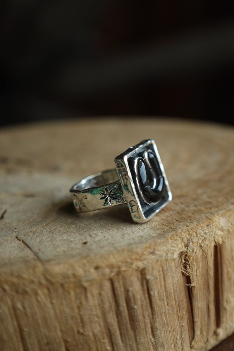 Peyote Bird Onyx Horseshoe Signet Ring- Size 9