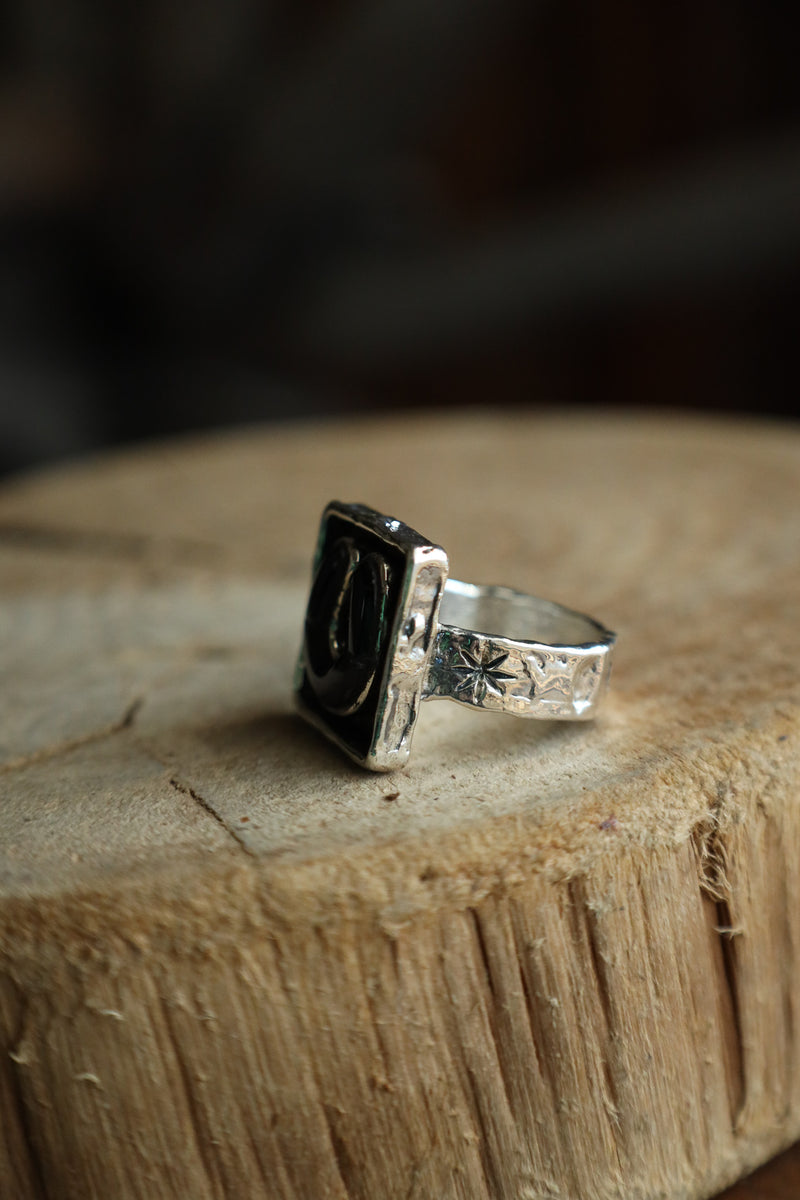 Peyote Bird Onyx Horseshoe Signet Ring- Size 9