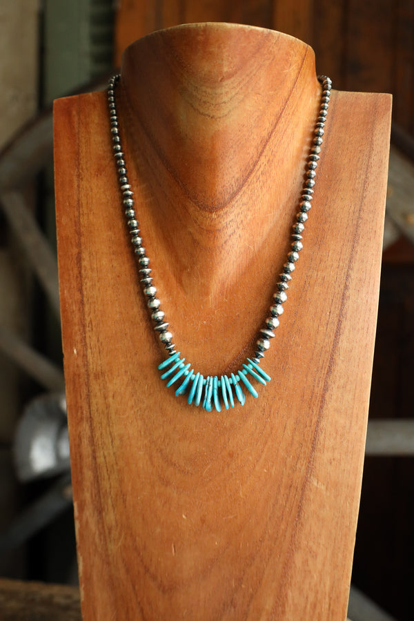 Peyote Bird Turquoise Petals Center Mixed Navajo Pearls Necklace 
