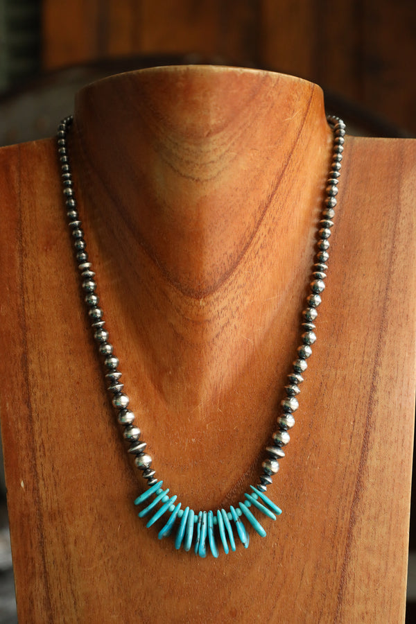 Peyote Bird Turquoise Petals Center Mixed Navajo Pearls Necklace 