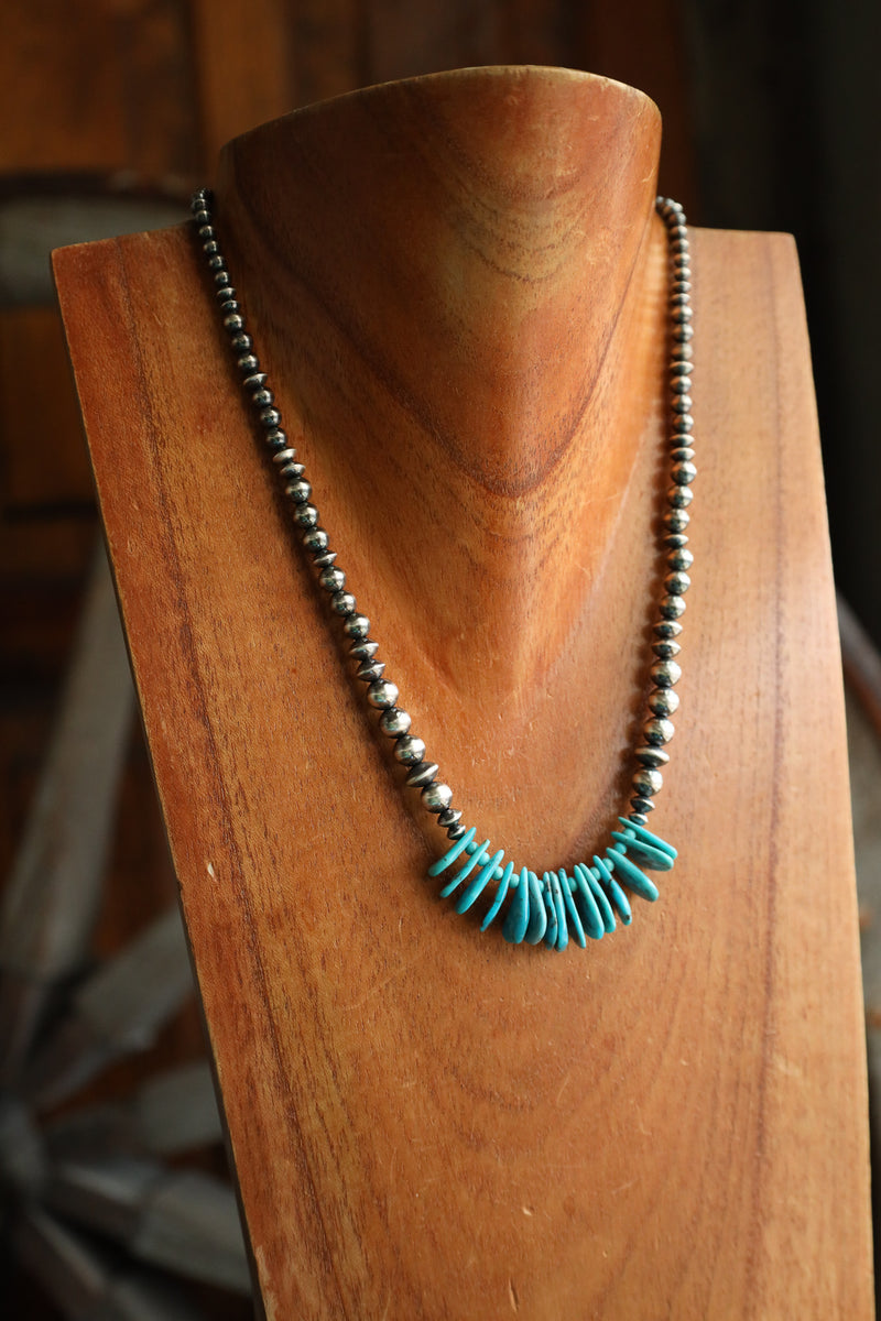 Peyote Bird Turquoise Petals Center Mixed Navajo Pearls Necklace 