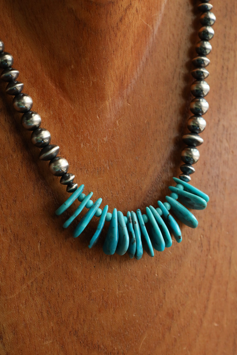 Peyote Bird Turquoise Petals Center Mixed Navajo Pearls Necklace 