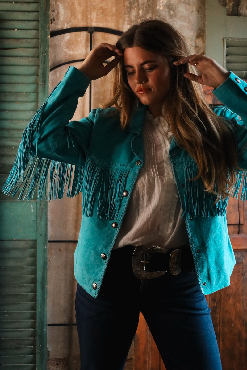 SCULLY FRINGE LACING TURQUOISE JACKET