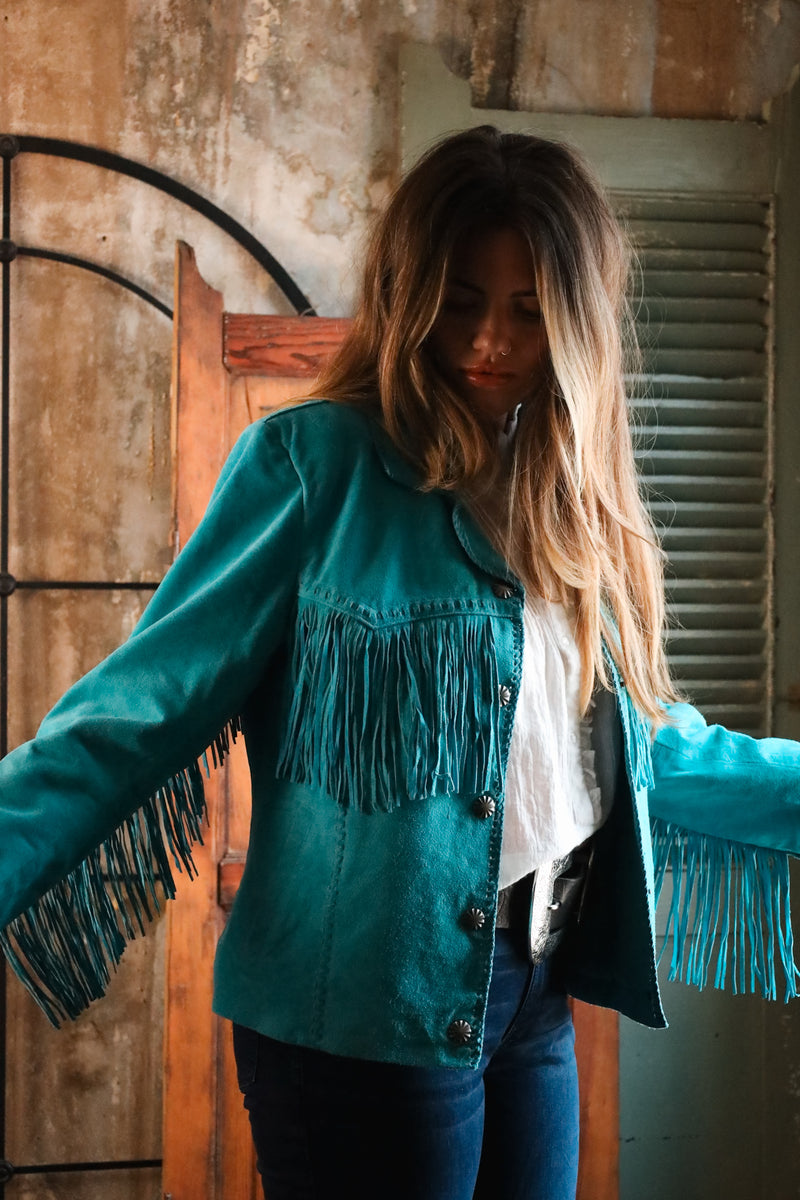 SCULLY FRINGE LACING TURQUOISE JACKET