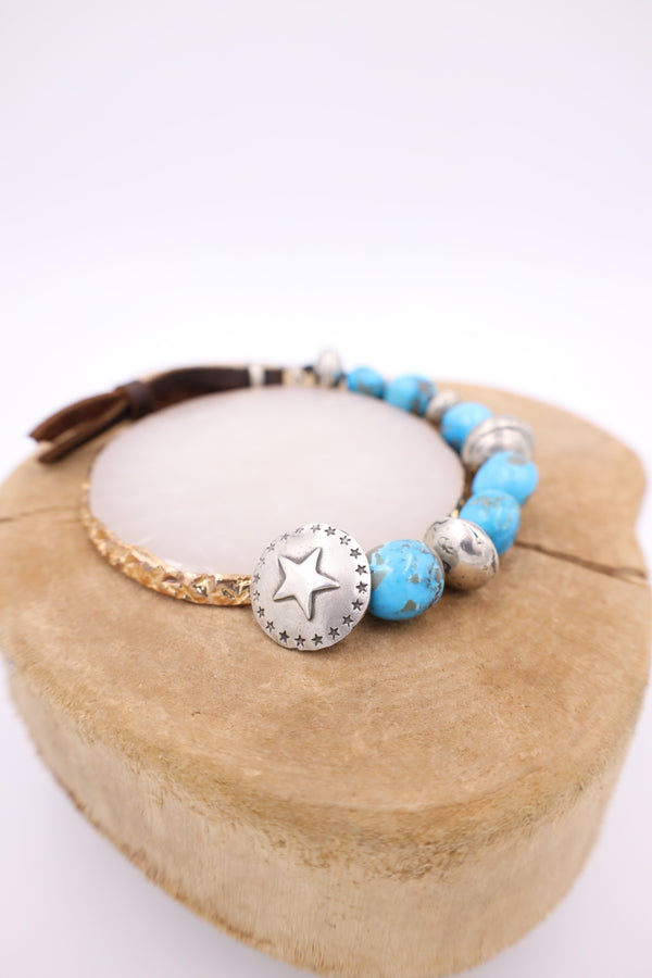 LOVE TOKENS BLUE TURQUOISE LEATHER STERLING SILVER BEADS BRACELET