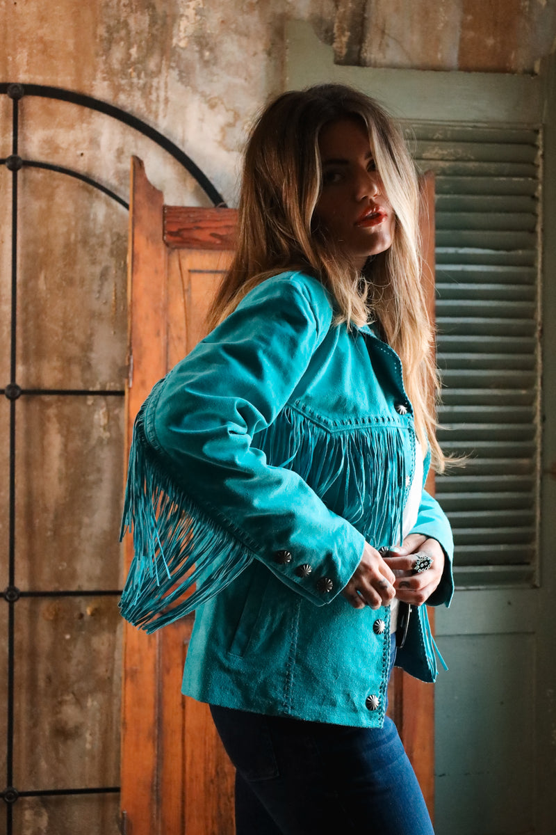 SCULLY FRINGE LACING TURQUOISE JACKET