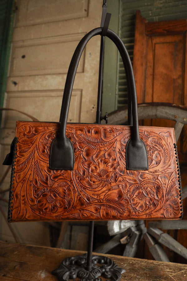 Maverick Exclusive Tooled Saddle Tan Brown Whipstitch Handbag