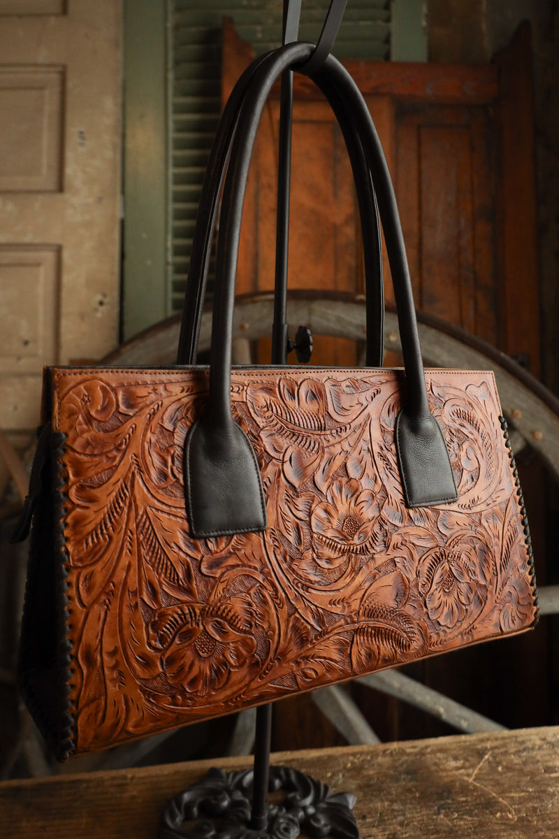 Maverick Exclusive Tooled Saddle Tan Brown Whipstitch Handbag
