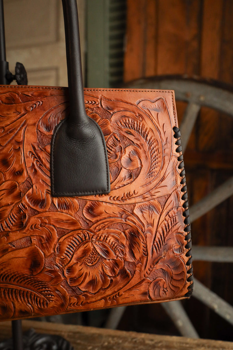 Maverick Exclusive Tooled Saddle Tan Brown Whipstitch Handbag