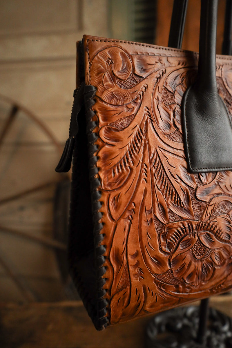 Maverick Exclusive Tooled Saddle Tan Brown Whipstitch Handbag