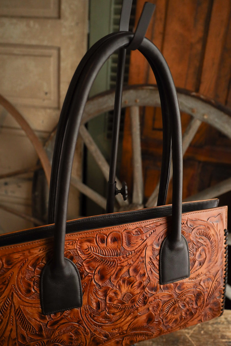 Maverick Exclusive Tooled Saddle Tan Brown Whipstitch Handbag