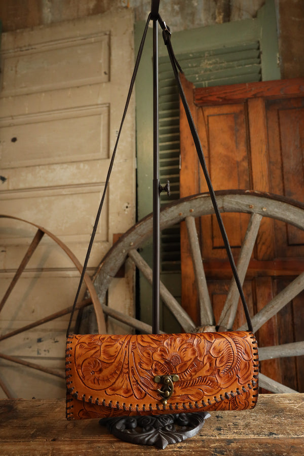 Maverick Exclusive Tooled Saddle Tan Brown Whip Stitch Handbag