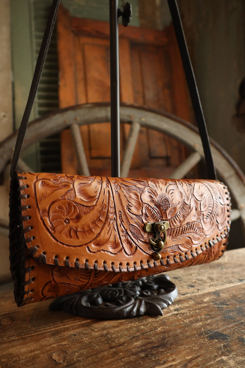 Maverick Exclusive Tooled Saddle Tan Brown Whip Stitch Handbag
