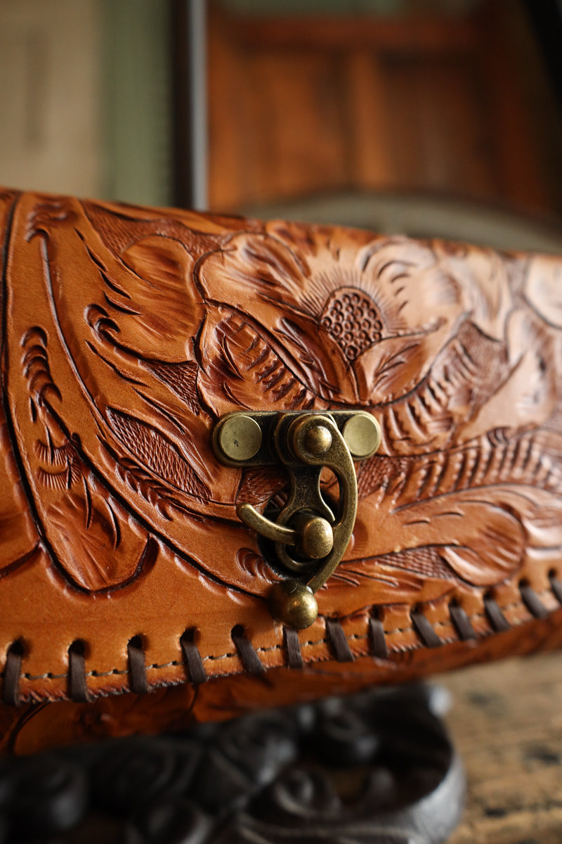 Maverick Exclusive Tooled Saddle Tan Brown Whip Stitch Handbag