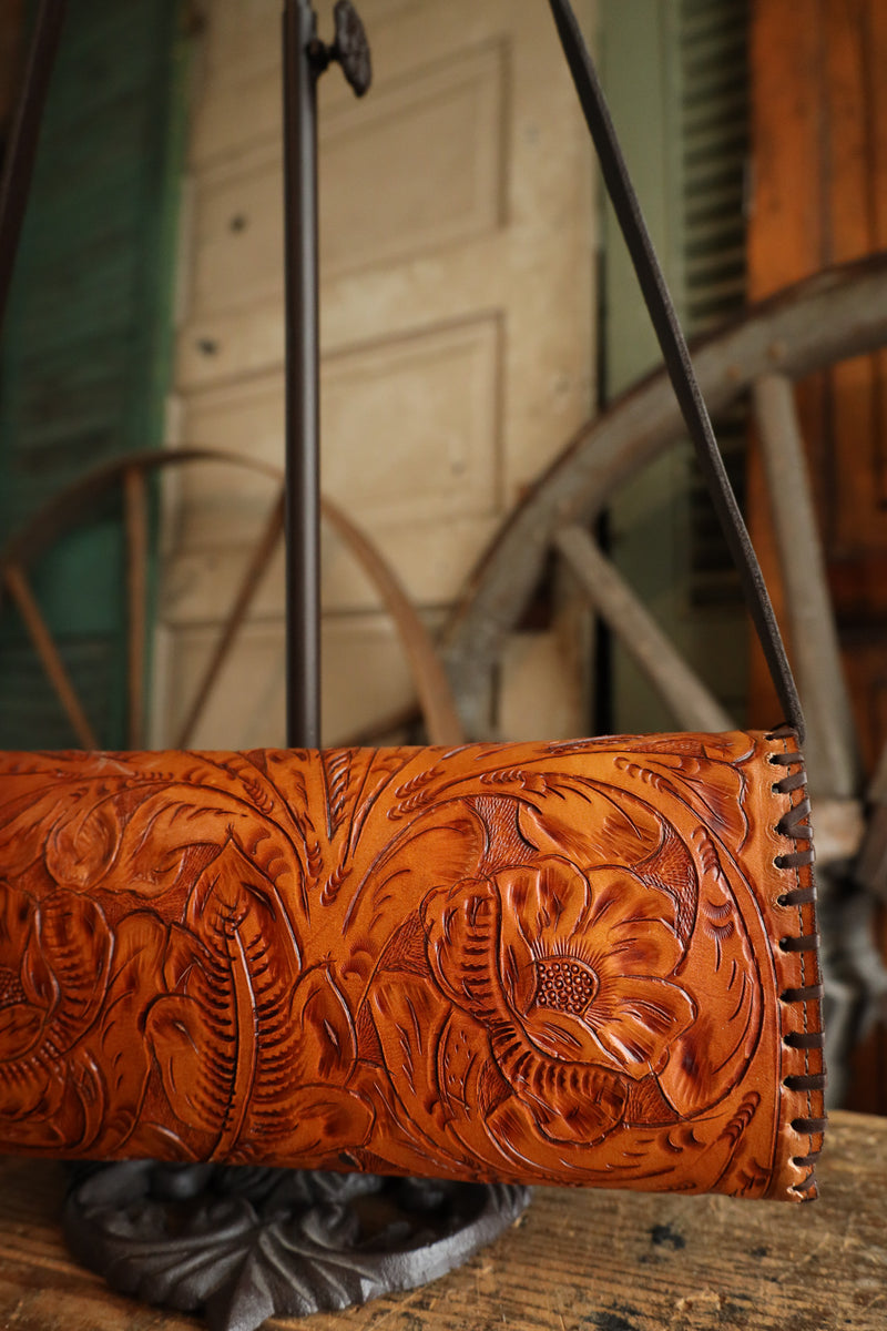 Maverick Exclusive Tooled Saddle Tan Brown Whip Stitch Handbag
