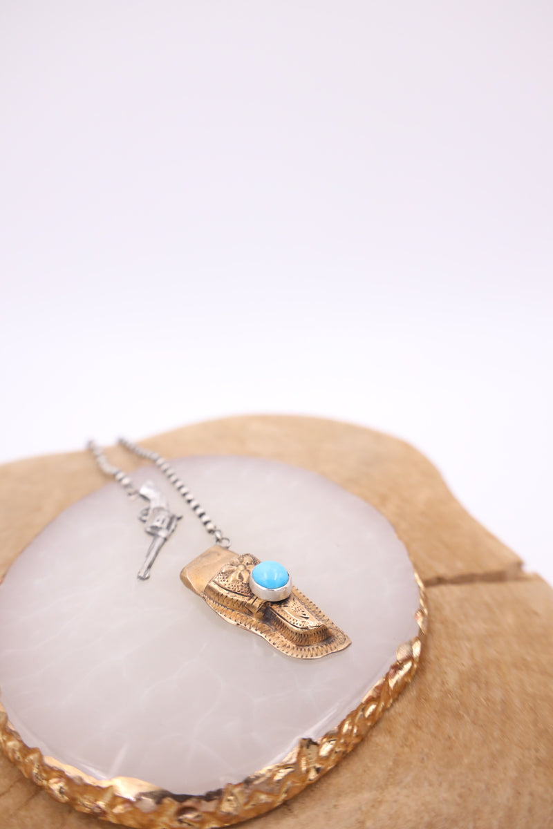 LOVE TOKEN STERLING SILVER GUN BRONZE HOLSTER TURQUOISE DOT NECKLACE