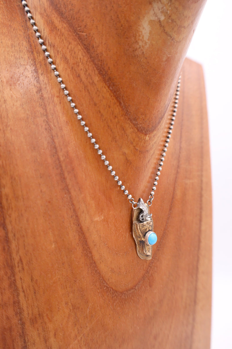 LOVE TOKEN STERLING SILVER GUN BRONZE HOLSTER TURQUOISE DOT NECKLACE