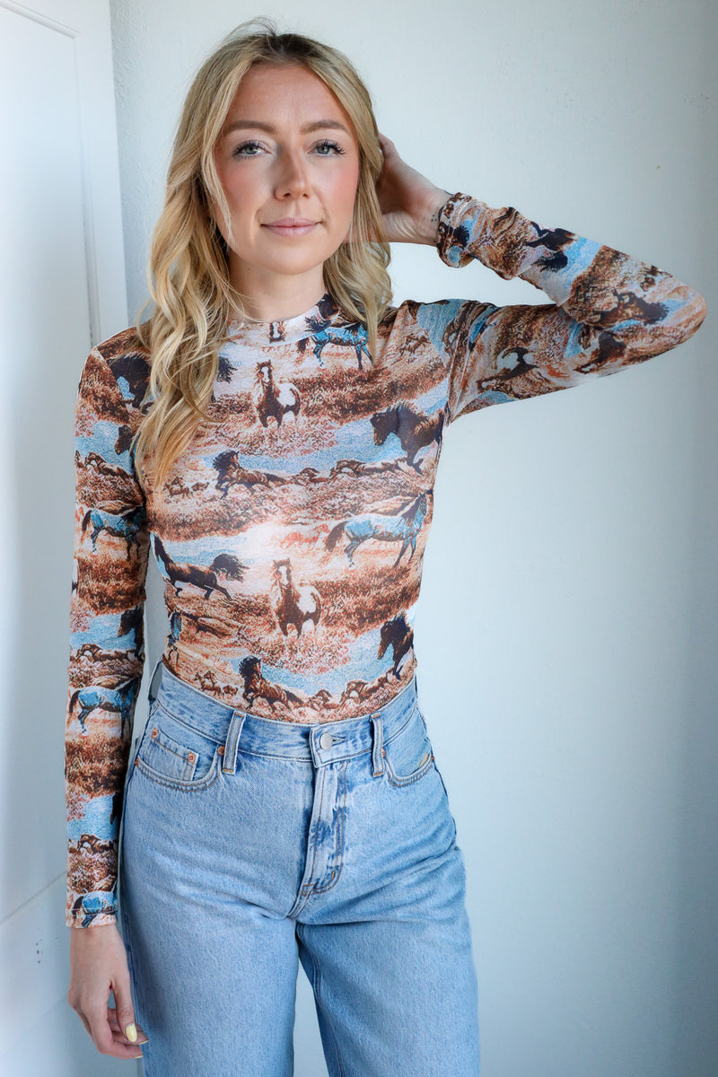 Blue B Western Mesh Mock Neck Top 