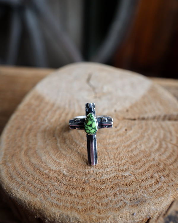 Hallett Peak Cross with Green Turquoise Ring- Size 11