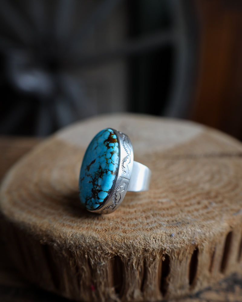 Large Oval Turquoise Veined Ring- Size 7