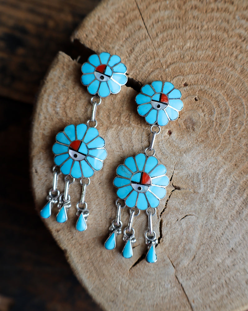 2 Kachina Flowers Turquoise Inlay Earring