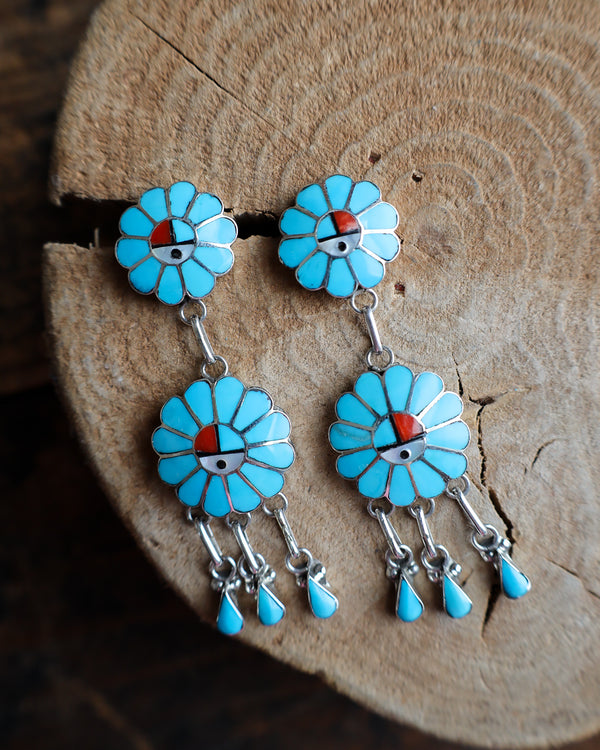 2 Kachina Flowers Turquoise Inlay Earring