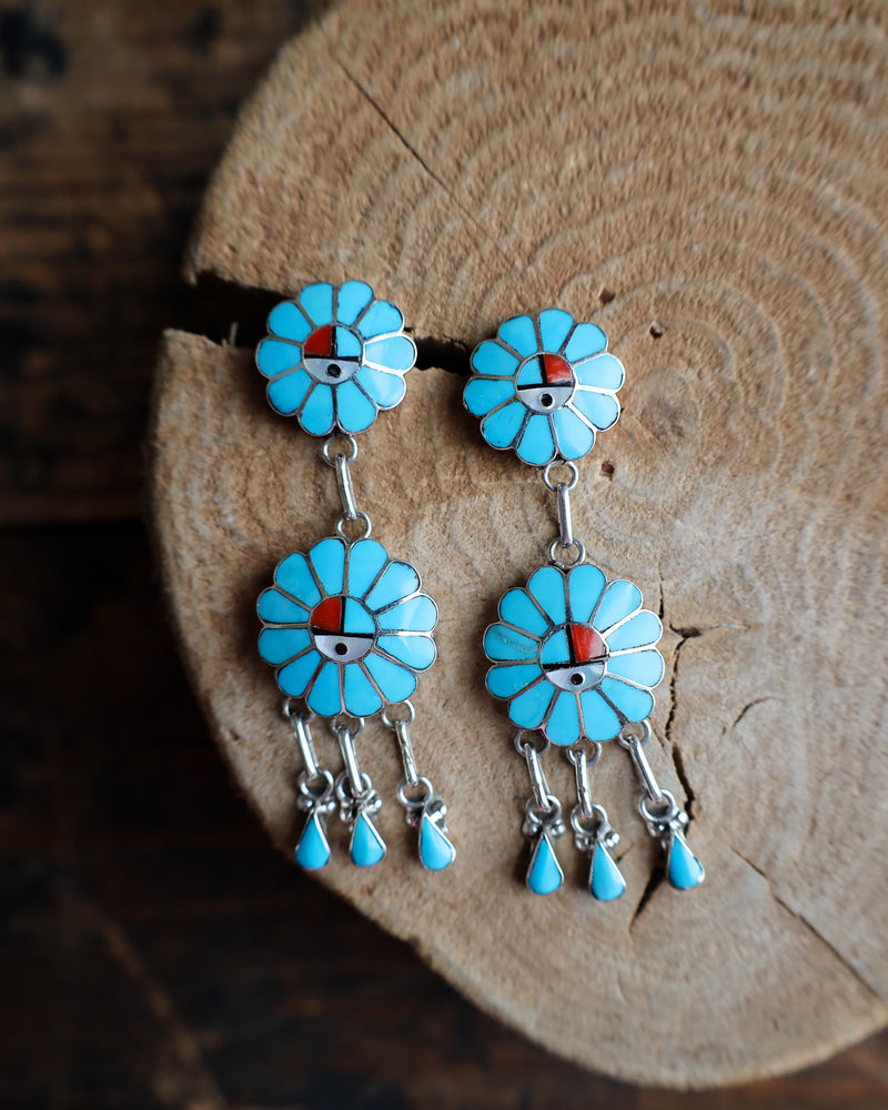 2 Kachina Flowers Turquoise Inlay Earring