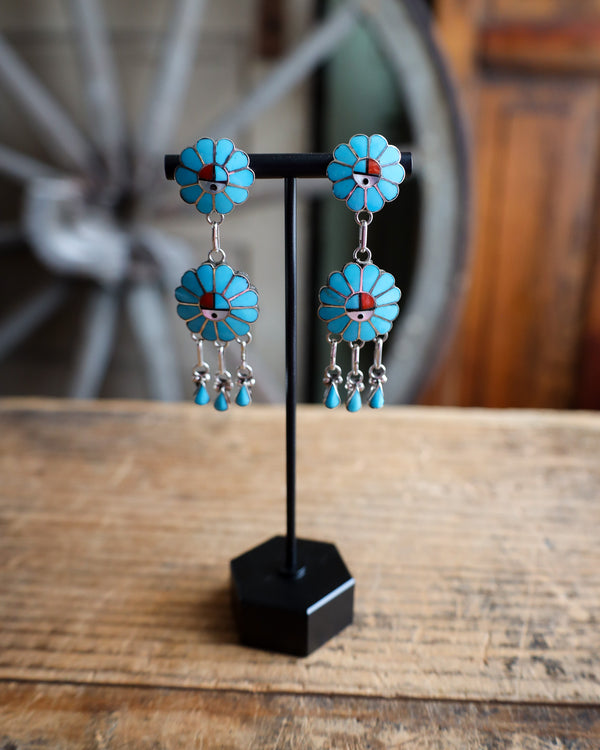 2 Kachina Flowers Turquoise Inlay Earring