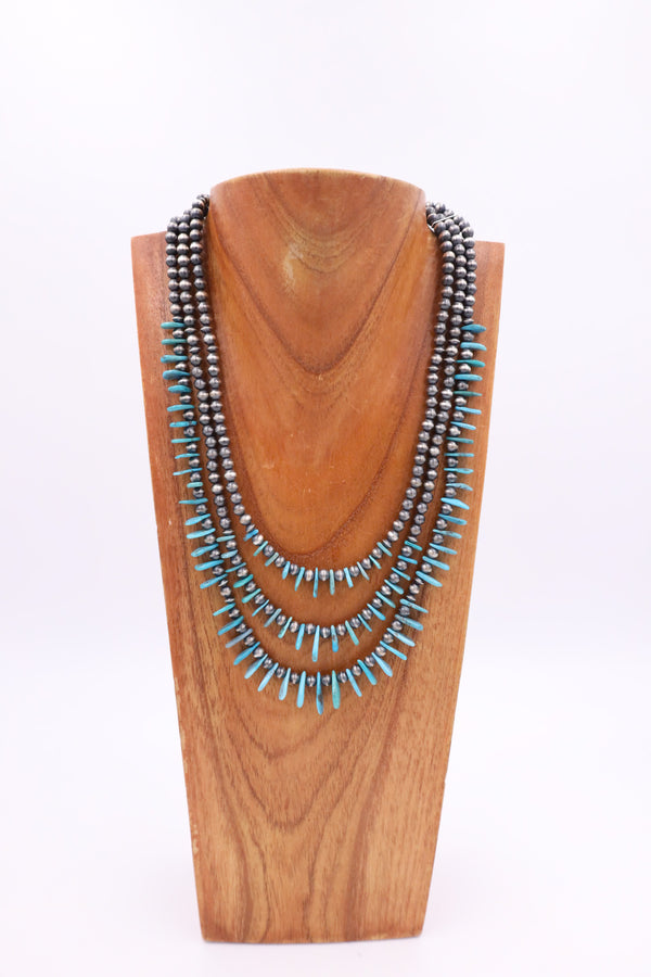 3-STRAND TURQUOISE PETALS AND NAVAJO PEARLS NECKLACE