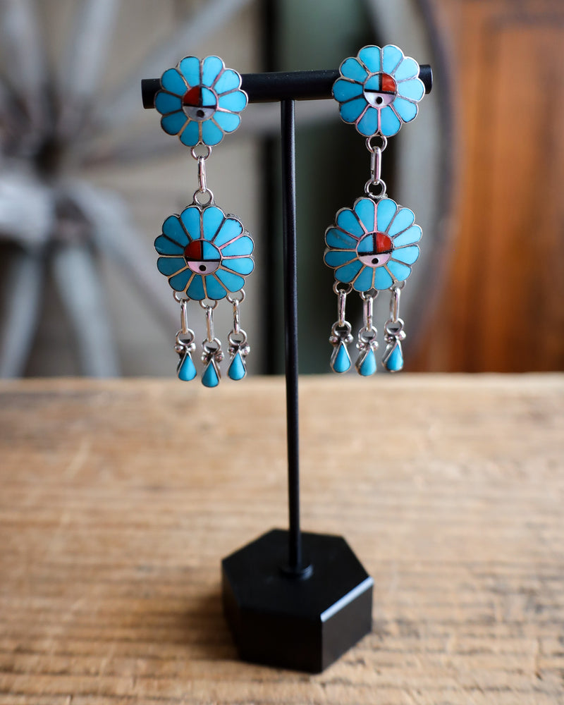 2 Kachina Flowers Turquoise Inlay Earring