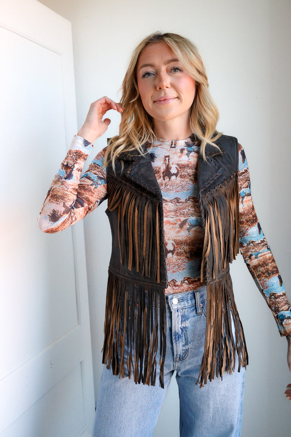 Scully Brown Fringe Leather Vest 
