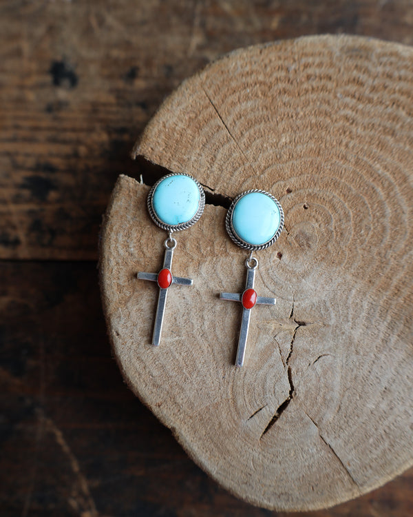 Red Coral Cross With Turquoise Rounds Earring