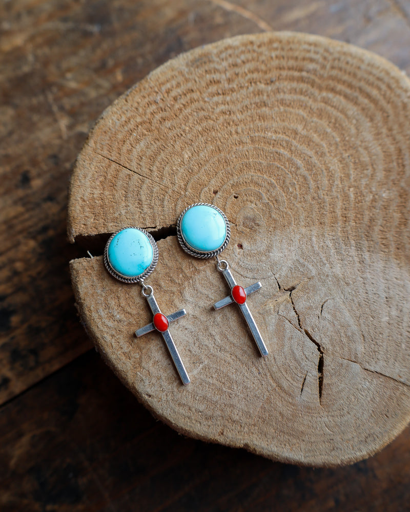 Red Coral Cross With Turquoise Rounds Earring