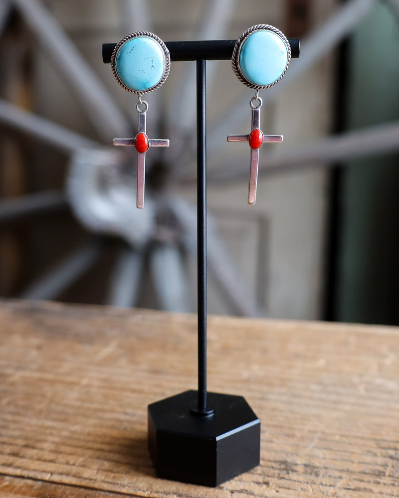 Red Coral Cross With Turquoise Rounds Earring