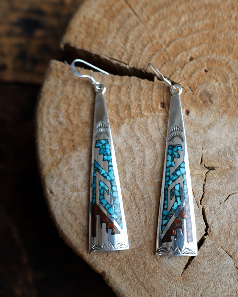 Long Sterling Silver Turquoise and Coral Mosaic Earring