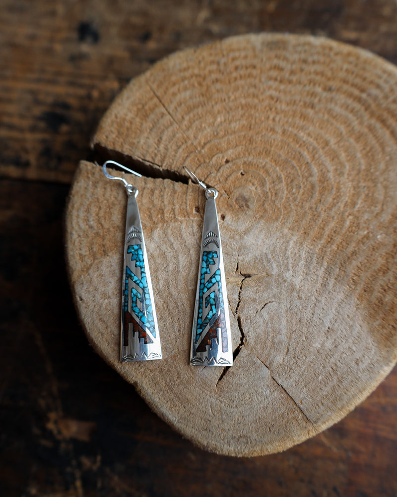 Long Sterling Silver Turquoise and Coral Mosaic Earring