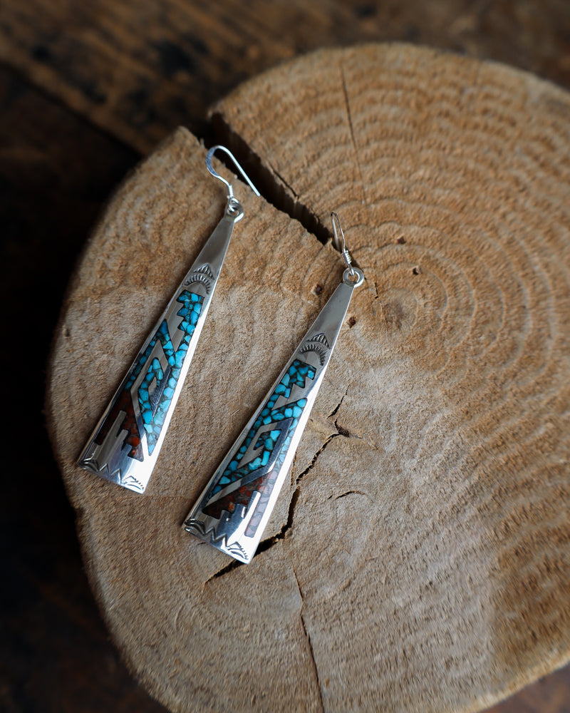 Long Sterling Silver Turquoise and Coral Mosaic Earring