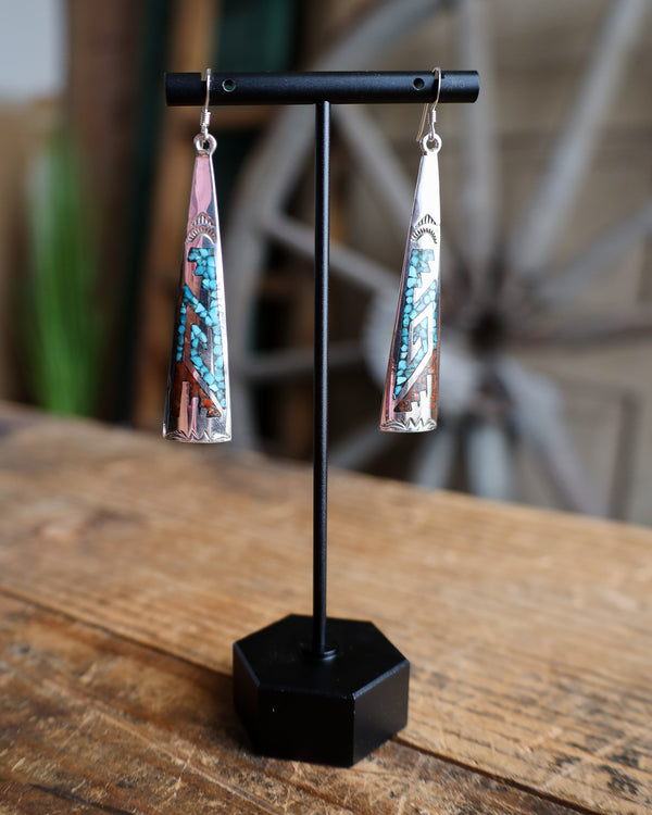 Long Sterling Silver Turquoise and Coral Mosaic Earring