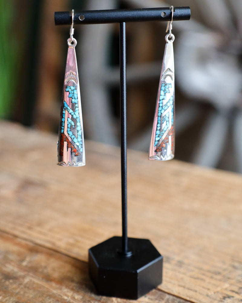 Long Sterling Silver Turquoise and Coral Mosaic Earring